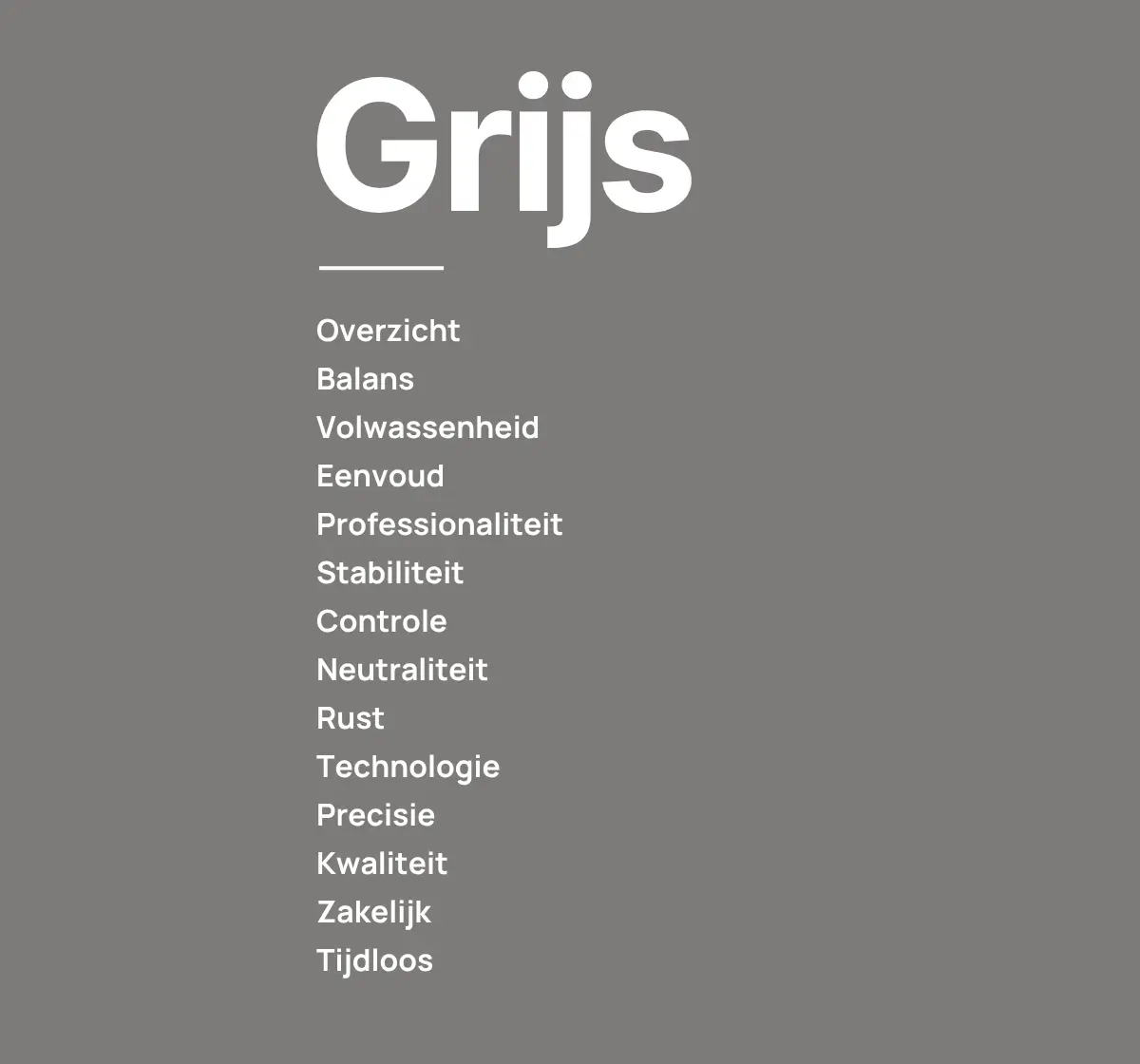 betekenis kleur grijs in marketing Visuele weergave van de betekenis van de kleur grijs in marketing, met kernwoorden zoals balans, professionaliteit en neutraliteit.