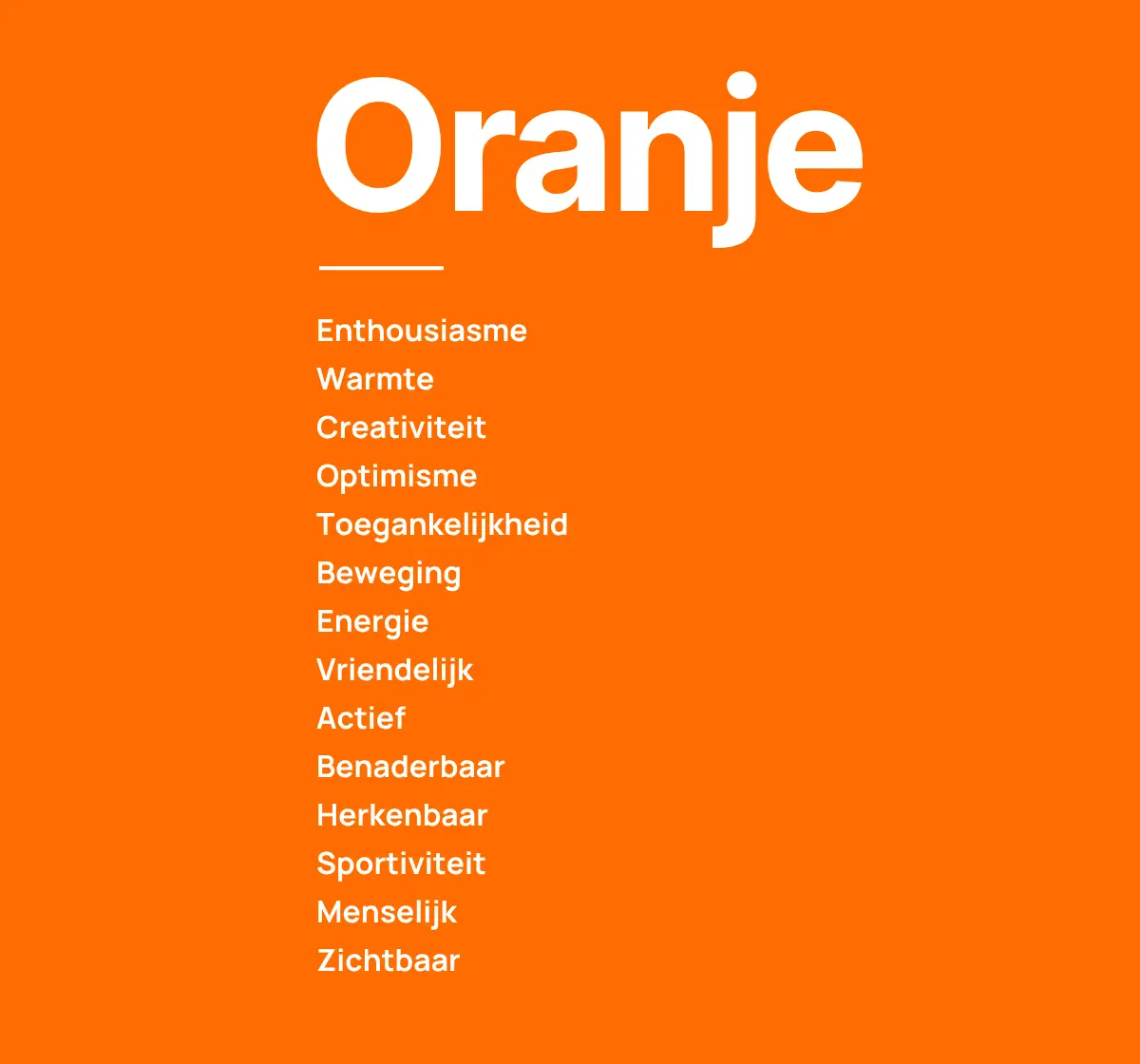 betekenis kleur oranje in marketing Visuele weergave van de betekenis van de kleur oranje in marketing, met kernwoorden zoals enthousiasme, warmte en toegankelijkheid.
