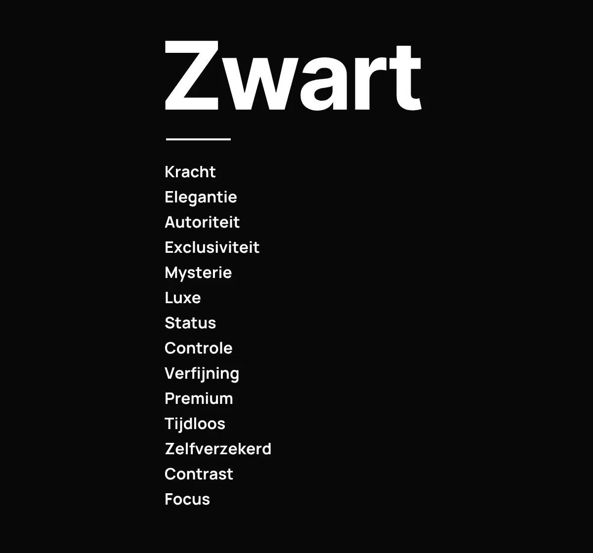 betekenis kleur zwart in marketing Visuele weergave van de betekenis van de kleur zwart in marketing, met kernwoorden zoals kracht, luxe en autoriteit.