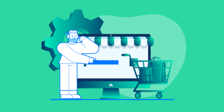 Illustratie van een webshopbezoeker die afhaakt bij het winkelmandje op een e-commerce checkoutpagina.